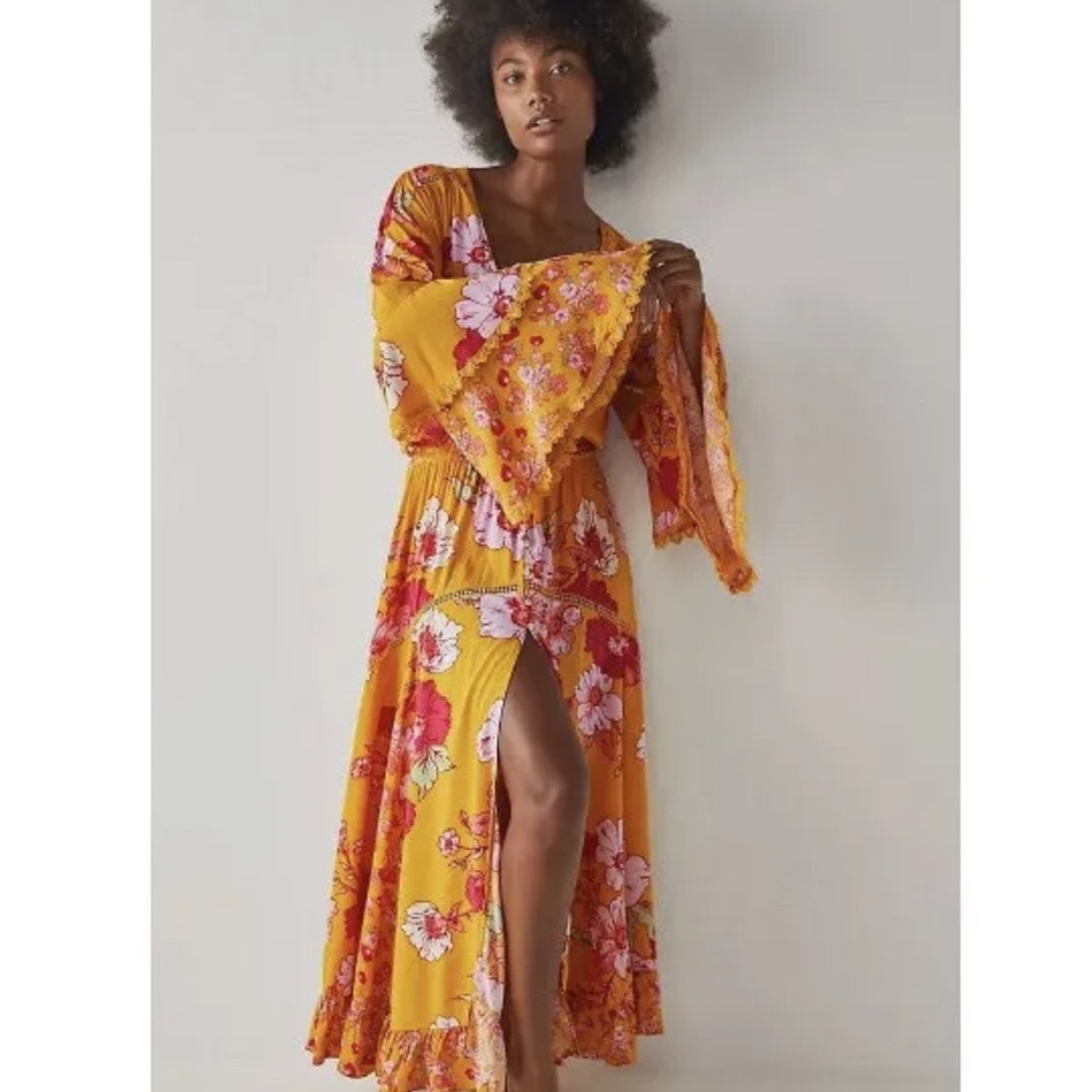 Free People Penny Printed Bohemian Floral Maxi Bodysuit Dress Size XS Orange